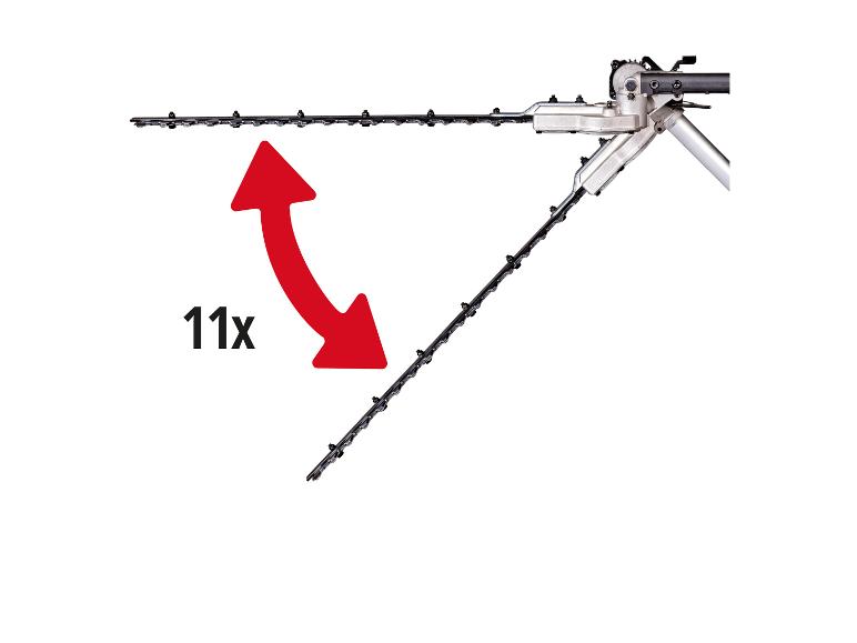 Heckenschere mit verstellbarem Kopf, angezeigt durch einen roten Pfeil und den Text „11x“.
