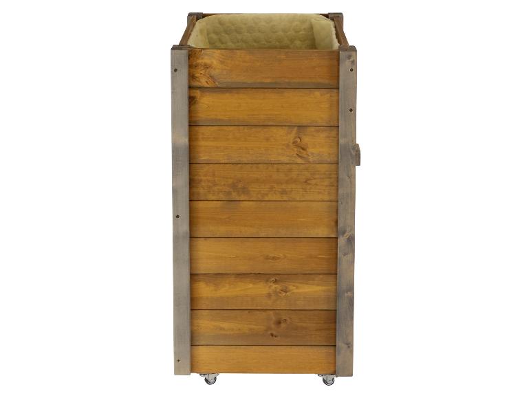 Rechteckiger Holzkübel mit Innenfutter und Rollen.