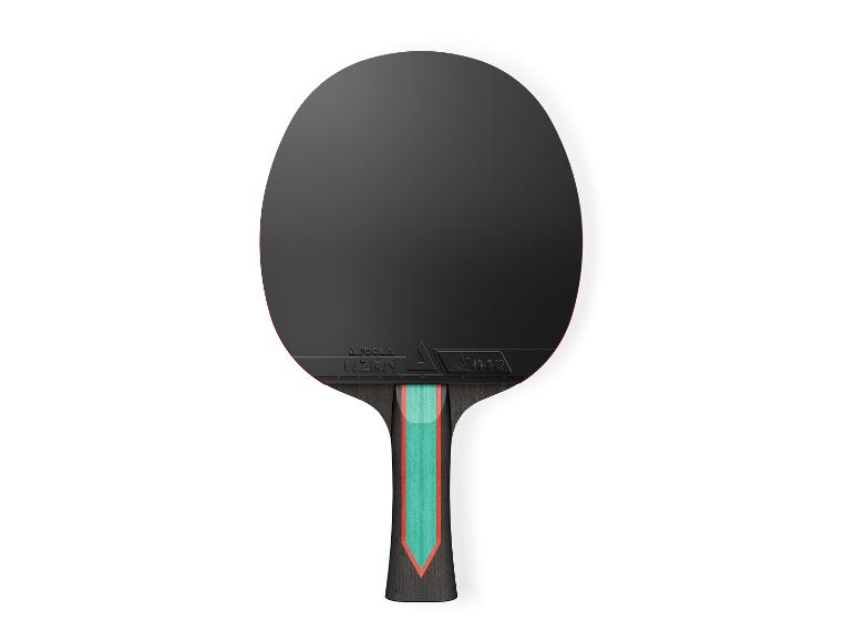 Schwarzer Tischtennisschläger mit grün-rotem Griff.
