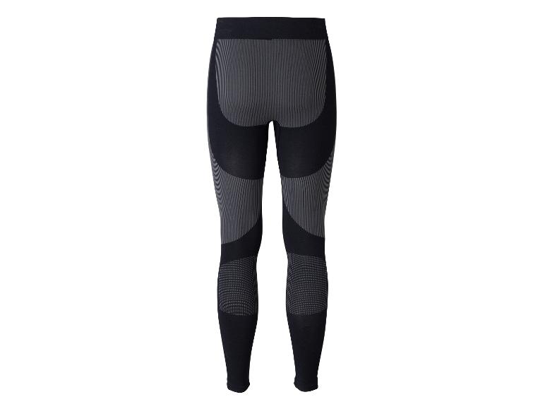 Schwarze Sportleggings mit grauen Streifen und Mustern.