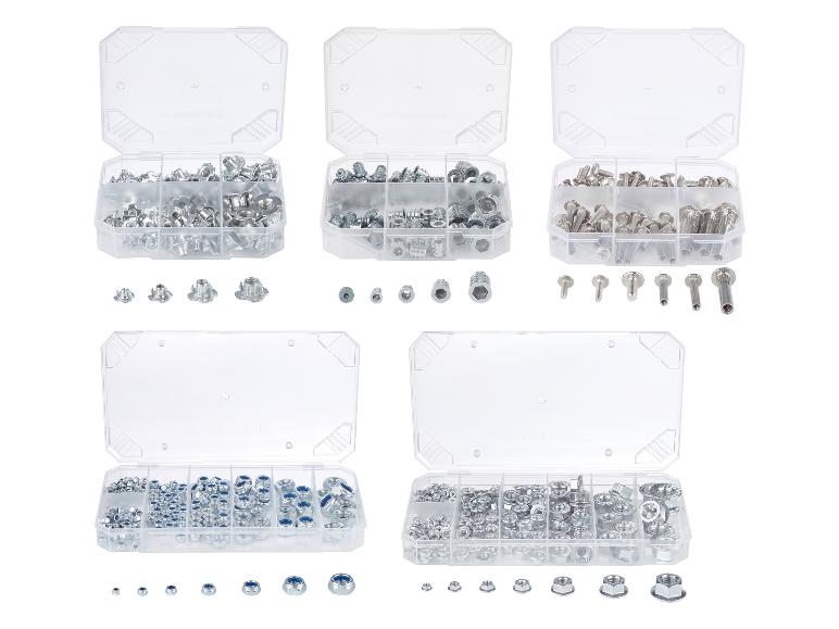 Sortierte Muttern- und Schraubensets in transparenten Aufbewahrungsboxen.