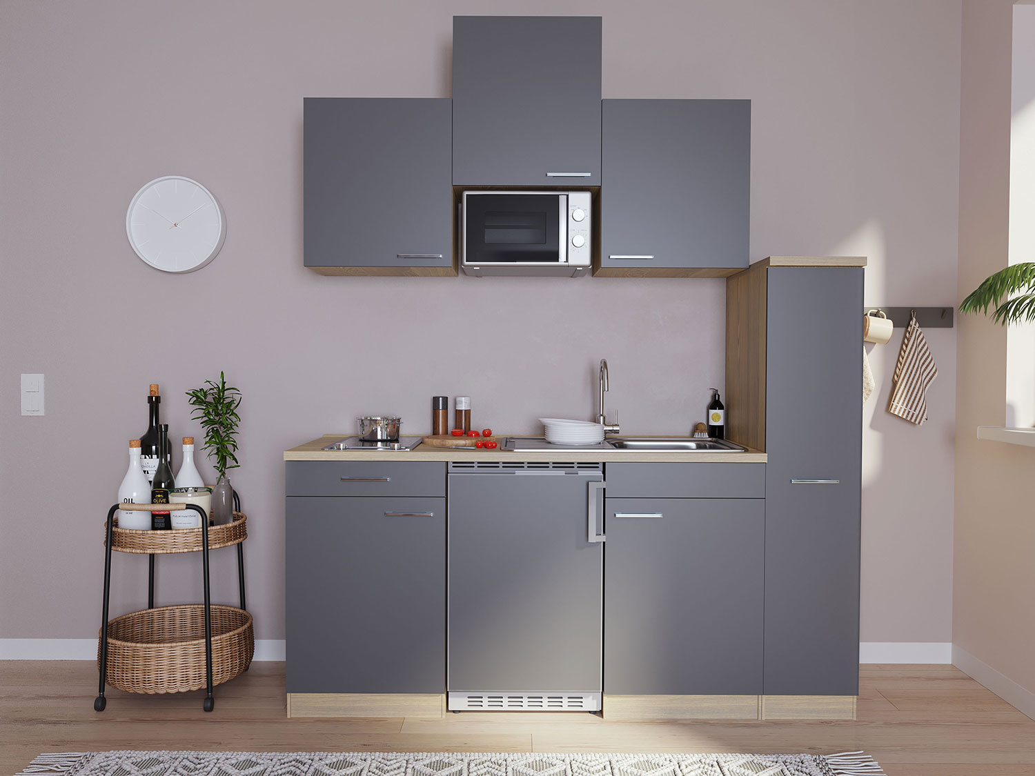 Respekta Singleküche Eiche Sonoma Sägerau 150/160/180cm (mit Mikrowelle, grau mit Glaskeramikkochfeld, Breite 180cm) | 04260344974146