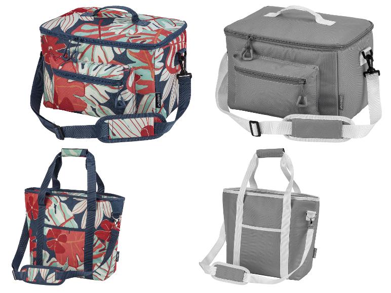 Zwei florale und zwei graue Kühltaschen, eine kastenförmige und eine einkaufstaschenförmige.