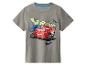 Graues Kinder-T-Shirt mit rotem Rennwagen und den Texten „VROOM!“, „KA-CHOW!“ und „BRMM!“