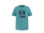 Türkises T-Shirt mit Palmen-Aufdruck und dem Text „TROPICAL DREAMS UNDER PALMS“.