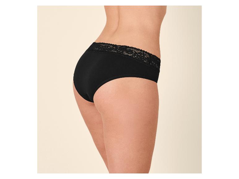 Schwarzer Damen-Slip mit Spitzenbesatz, Seitenansicht.