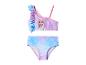 Kinder-Bikini mit Elsa-Aufdruck von Frozen, Rüschen und Trägern, in Lila- und Blautönen.