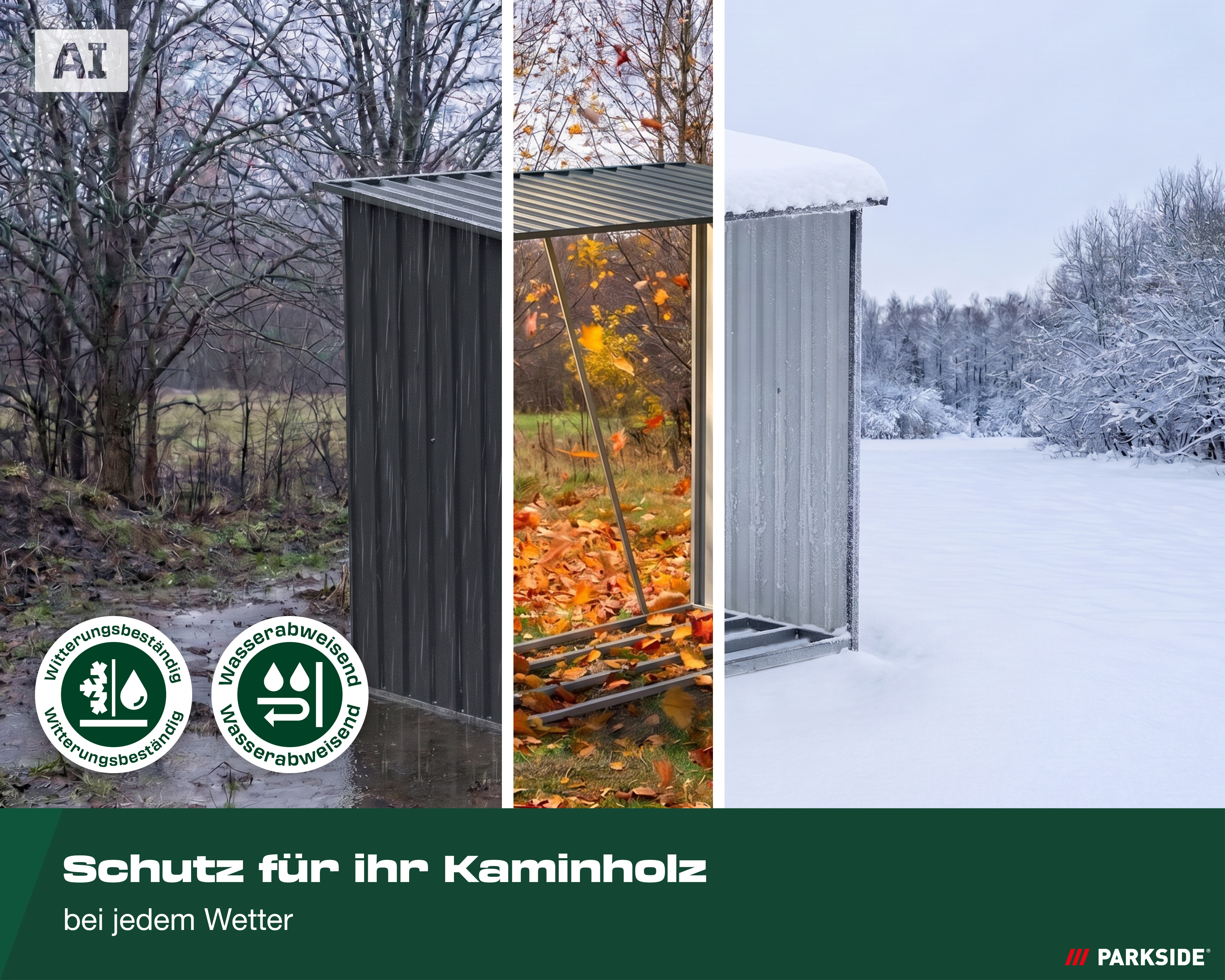 AI-Darstellung: Drei Witterungsszenarien mit Schnee, Herbst und Regen. Bildtext: Schutz für Ihr Kaminholz bei jedem Wetter