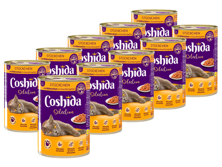 Gehe zu Vollbildansicht: COSHIDA Selection Katzenvollnahrung mit Hühnchen in Karottengelee, 10 x 415 g - Bild 1