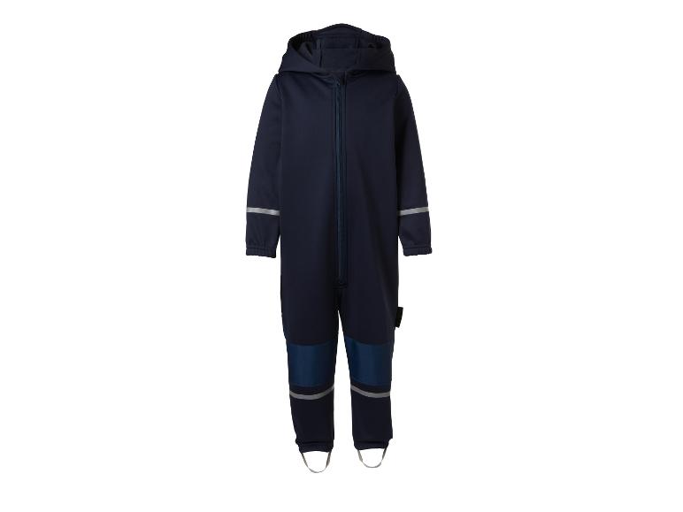 Dunkelblauer Kinder-Softshell-Overall mit reflektierenden Details und Kapuze.