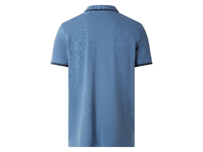 Blaues Kurzarm-Poloshirt mit gestreiftem Kragen und Ärmelbündchen, Rückansicht.