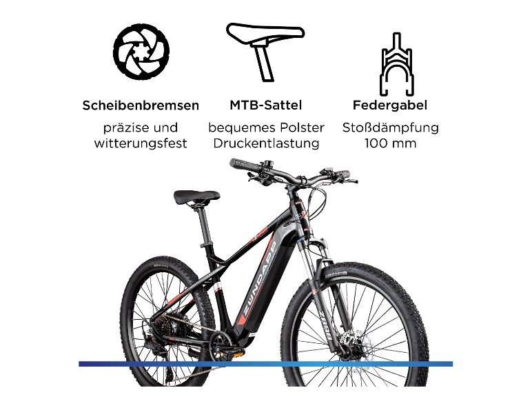 Schwarzes E-Mountainbike mit roten Akzenten und blauer Linie unten.
