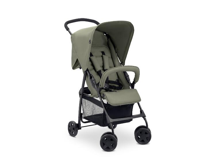 Khakifarbener Kinderwagen mit schwarzem Gestell und Rädern.