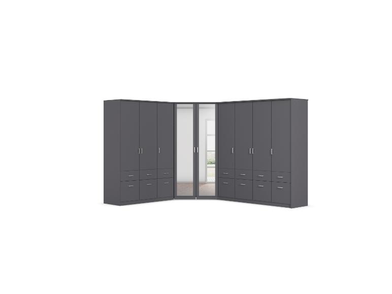 Grauer Eckkleiderschrank mit Schubladen und Spiegeltüren.