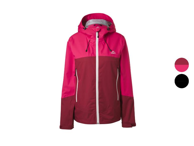 Rosa- und bordeauxfarbene Damen-Outdoorjacke mit Kapuze und weißem Reißverschluss.