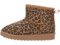 Braune und schwarze Winterstiefel mit Leopardenmuster und strukturierter Sohle.