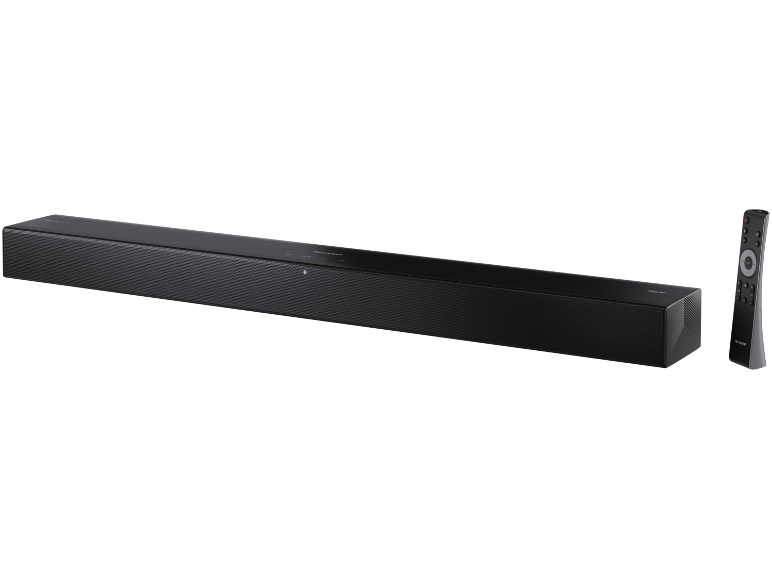 Schwarze Soundbar mit Fernbedienung, mit modernem und schlankem Design.