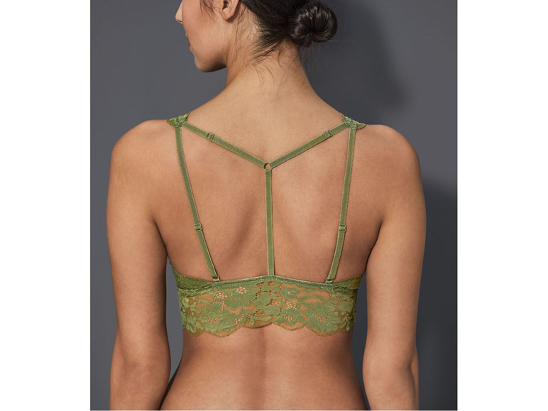 Ein grüner Spitzen-BH mit Y-förmigem Rückenband.