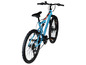 Blaues Mountainbike mit Federung und Scraper-Logo.