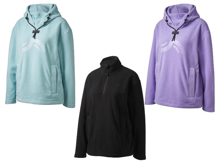 Drei Fleece-Hoodies: einer türkis, einer schwarz und einer lila.