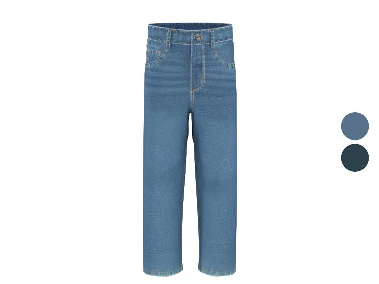 Blaue Straight-Leg-Jeans mit genähten Details, mit hell- und dunkelblauen Farbmustern.
