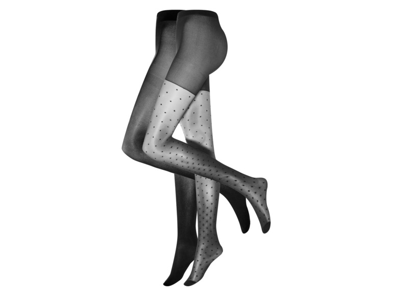 Zwei Paar schwarze Strumpfhosen, eine mit Punkten.