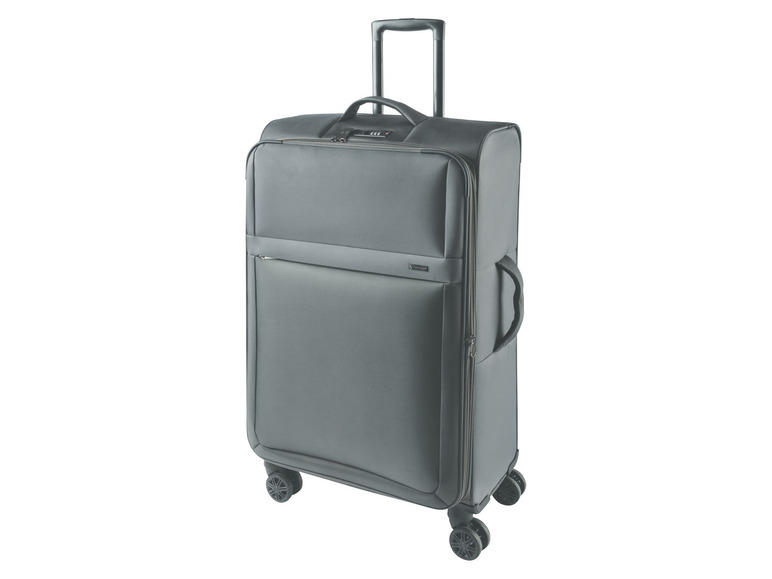 Ein grauer Koffer mit Rollen, perfekt für Reisen.