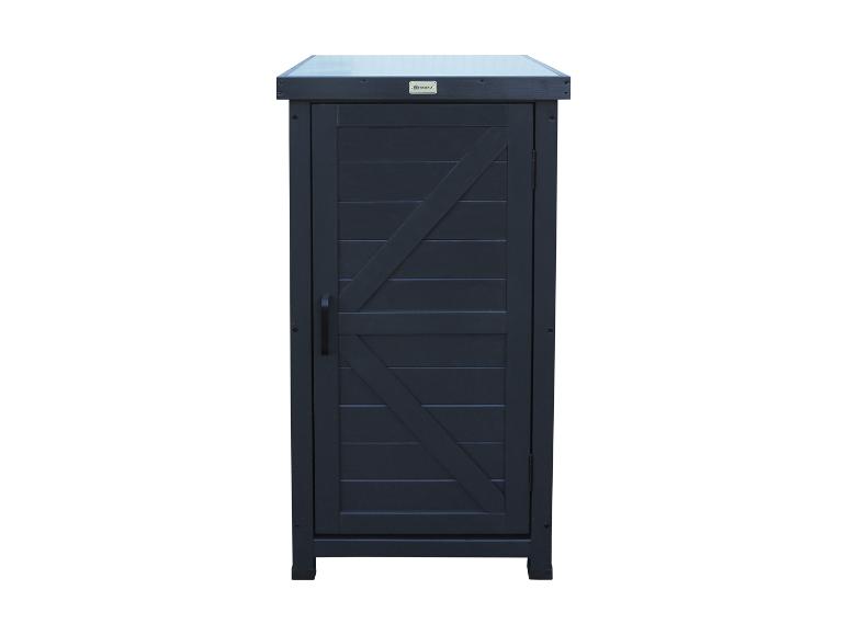 Dunkelblauer Gartenschrank mit einer Tür und HADAOU-Logo.