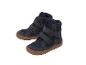 Ein Paar dunkelblaue Kinderschuhe mit Klettverschlüssen und braunen Sohlen.