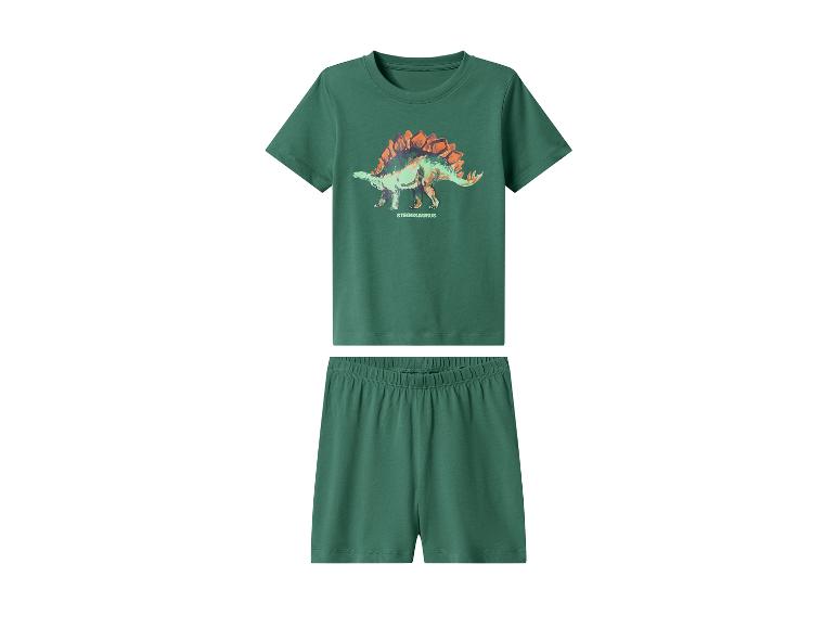 Grüner Kurzarm- und Shorts-Pyjama, mit Stegosaurus-Dinosaurier-Aufdruck.