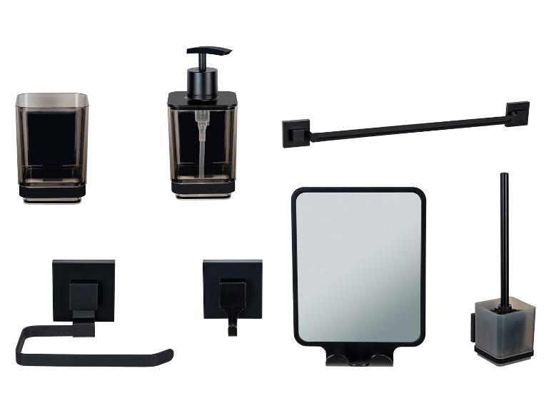 Modernes schwarzes Badezimmer-Accessoire-Set: Seifenspender, Zahnbürstenhalter, Spiegel, Toilettenpapierhalter und Toilettenbürstenhalter.