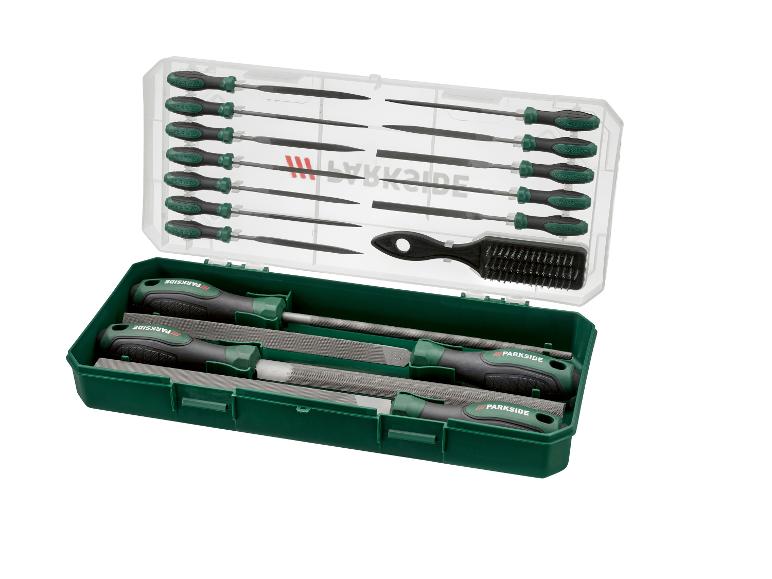 Set aus Feilen und Raspeln mit Griffen, in zwei grünen Aufbewahrungsboxen.