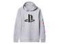 Grauer Kapuzenpullover mit PlayStation-Logo und farbigen Symbolen am Ärmel.