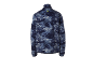 Fleecejacke mit blau-weißem Camouflage-Muster und kleinem neongelbem Logo am Kragen.