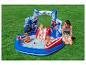 Aufblasbares Kinderspielzentrum mit Rutsche, Wasser und Bällen, im Superhelden-Design.
