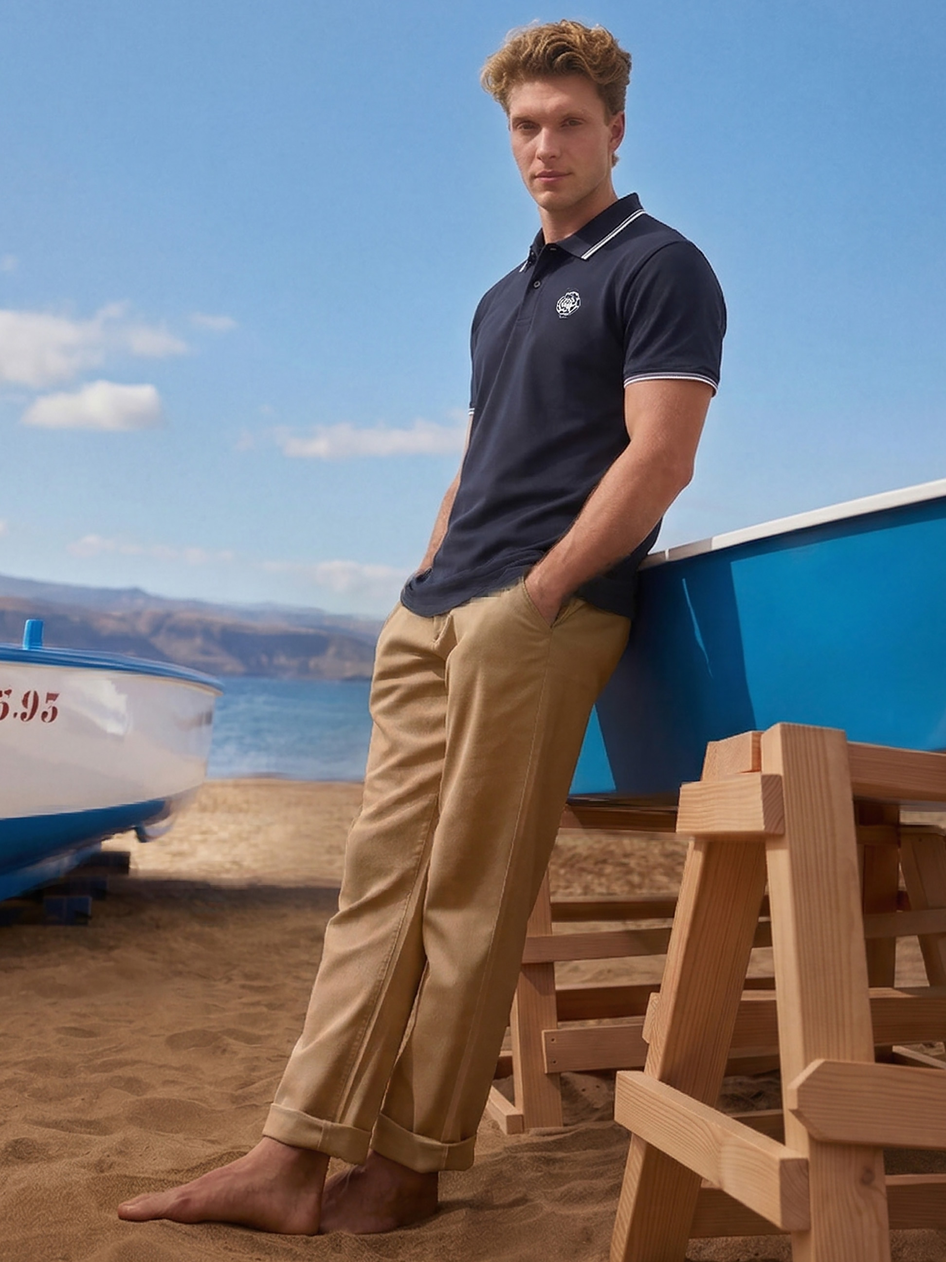 Mann in marineblauem Poloshirt und khakifarbener Hose am Strand, an Boot gelehnt.