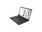 Geöffneter HP 17-cn32 Intel N200 Laptop auf schwarzem Hintergrund.