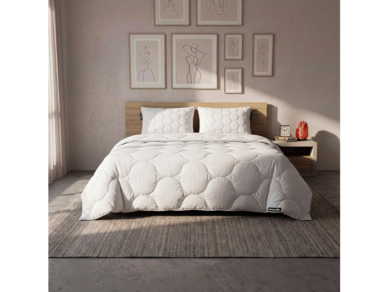 Schlafzimmer mit weißer Bettdecke und Kissen, Holzkopfteil und Wandbildern.
