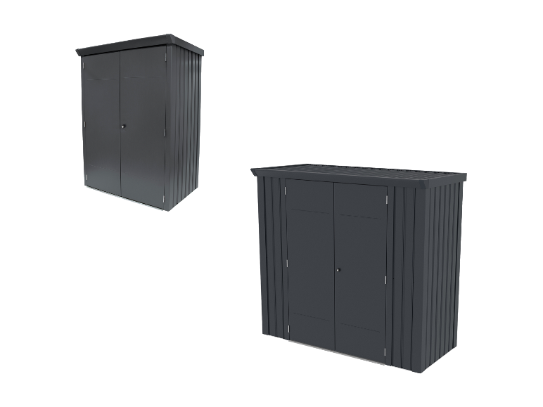 Zwei dunkelgraue Metall-Gartenschränke mit Doppeltüren.
