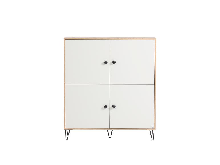 Weißer und hölzerner Aufbewahrungsschrank mit vier Türen und schwarzen Griffen.