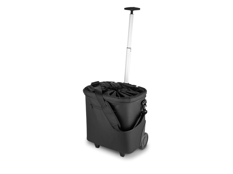 Eine schwarze Trolleytasche mit Rollen und einem Teleskopgriff.