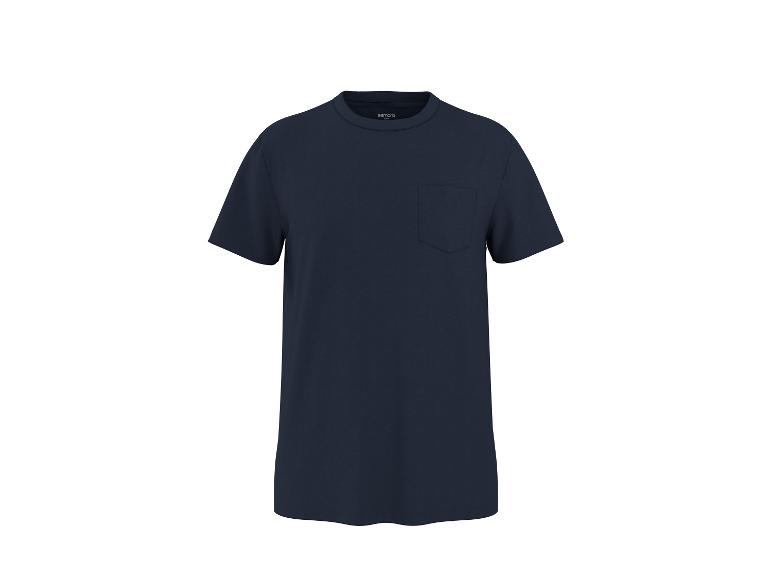 Dunkelblaues Herren-T-Shirt mit kurzen Ärmeln und Brusttasche.