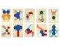 10 Holzpuzzles mit bunten geometrischen Formen, die Tiere und Objekte darstellen.