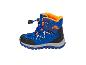 Blaue Kinder-Winterstiefel mit orangefarbenem Fellfutter und „WATERPROOF“-Schriftzug.
