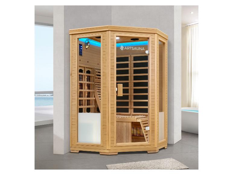 Artsauna Infrarotsauna aus Holz mit Glastür und blauem Licht in einem modernen Badezimmer