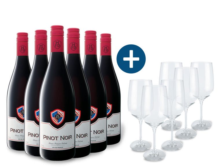 Gehe zu Vollbildansicht: 6 x 0,75-l-Flasche Weinpaket Pinot Noir VdF trocken, Rotwein mit 6er Rotwein-Gläserset Ernesto - Bild 1