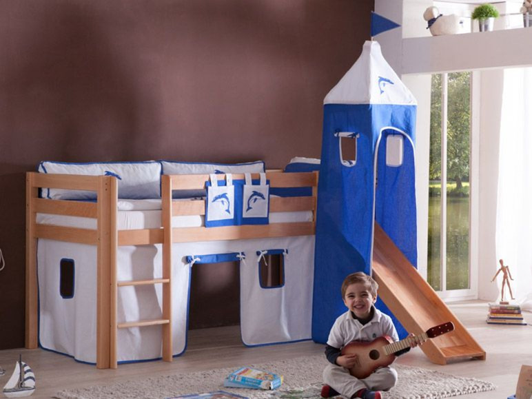 Gehe zu Vollbildansicht: Relita Spielbett Hochbett Kinderbett ALEX mit Rutsche/Turm Buche massiv natur lackiert mit Stoffset - Bild 9