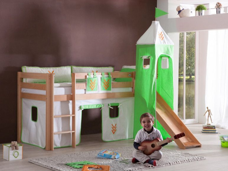 Gehe zu Vollbildansicht: Relita Spielbett Hochbett Kinderbett ALEX mit Rutsche/Turm Buche massiv natur lackiert mit Stoffset - Bild 5