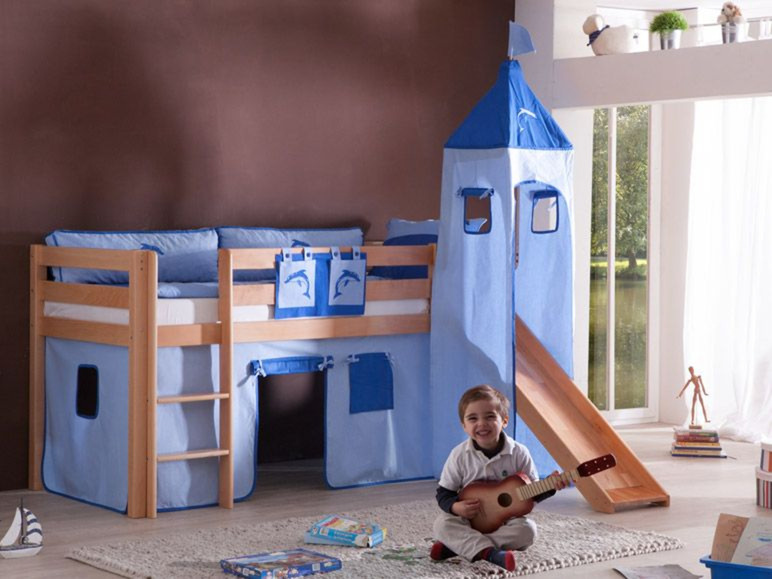 Gehe zu Vollbildansicht: Relita Spielbett Hochbett Kinderbett ALEX mit Rutsche/Turm Buche massiv natur lackiert mit Stoffset - Bild 4