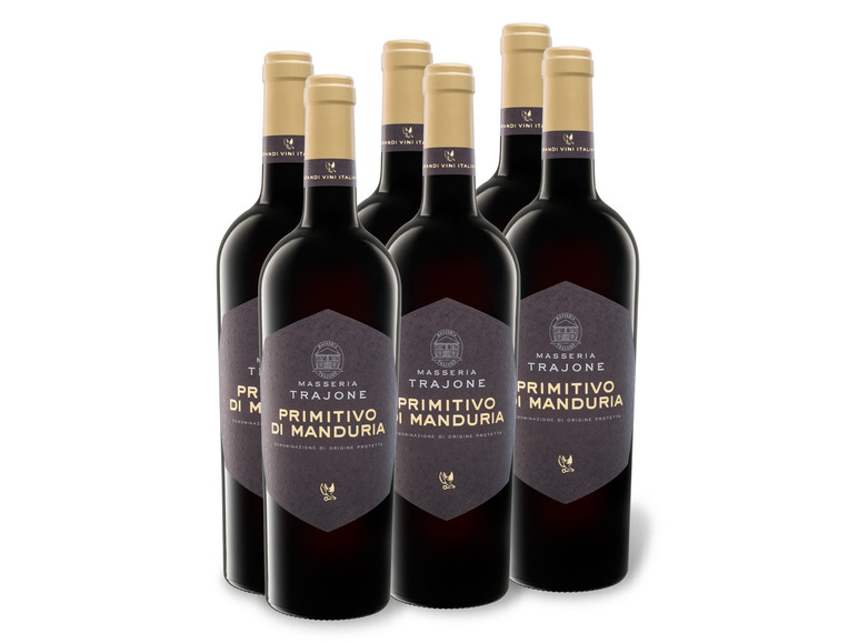 Gehe zu Vollbildansicht: 6 x 0,75-l-Flasche Weinpaket Masseria Trajone Primitivo di Manduria DOC halbtrocken, Rotwein - Bild 1